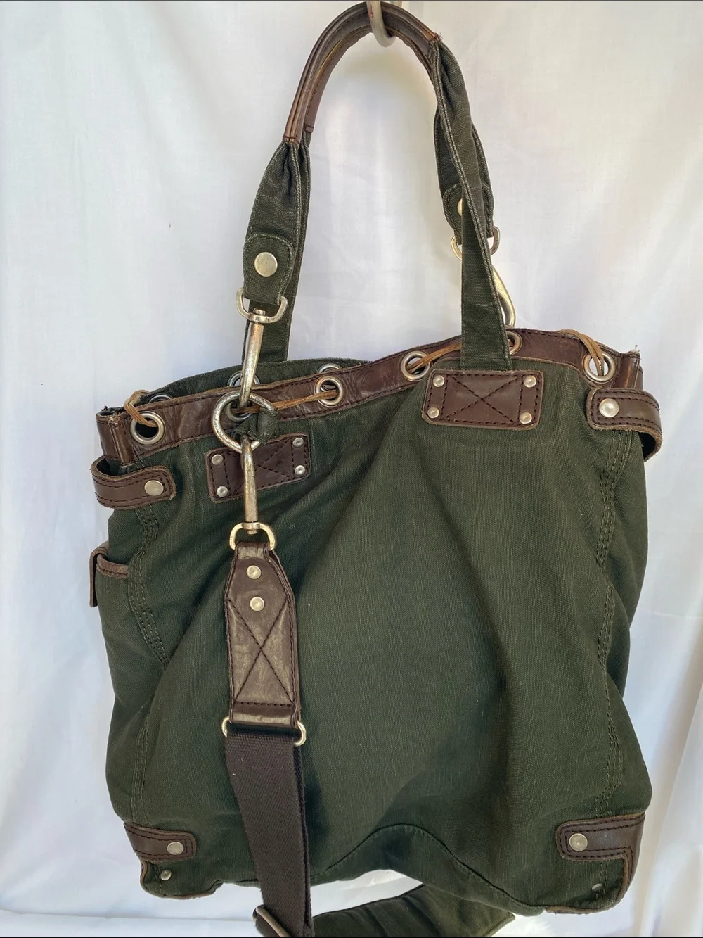 Will Leather Goods Liverpool Olive Green Canvas Messenger Bag Brown Leather Trim